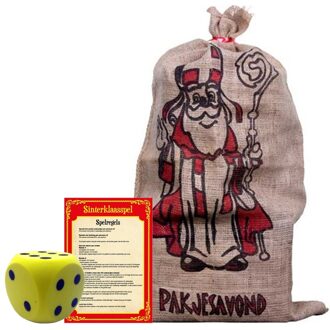 Sinterklaas spel met gele dobbelsteen en cadeauzak 60 x 102 cm - Pakjesavond Sinterklaasspel dobbelstenen set