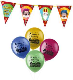 Sinterklaas versiering - Welkom Sint en Piet 2x vlaggenlijn 6 meter en 18x ballonnen