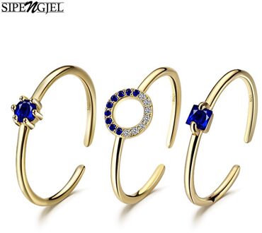 Sipengjel Delicate Eenvoudige Ronde Open Ringen Set Blue Crystal Gold Kleur 3 Sets Ringen Voor Vrouwen Sieraden