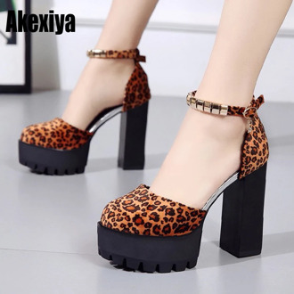 Size 34-39 Leopard Casual Women 11.5cm overheight with Round Toe Leather Buckle Strap Summer Ladies Thick Block Heel f295