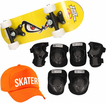 Skateboard set voor kinderen L 9-10 jaar/valbescherming/skater pet/skateboard met print 43 cm geel