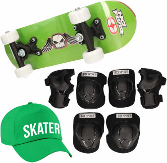 Skateboard set voor kinderen L 9-10 jaar/valbescherming/skater pet/skateboard met print 43 cm groen