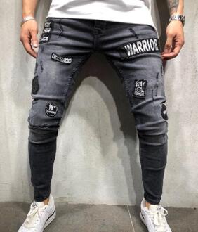Skinny Gat Ripped Denim Jeans Voor Mannen Hip Hop Slim Fit Streetwear Patchwork Badge Verontruste Zwart Potlood Broek XL