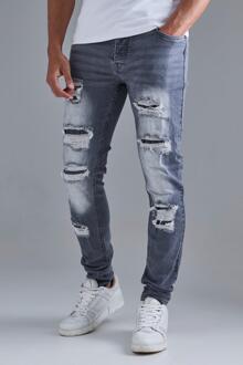 Skinny Stacked Distressed Ripped Jeans In Grey, Grey - 32R