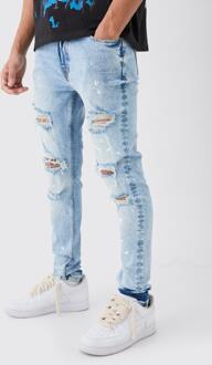 Skinny Stretch Paint Splatter Ripped Jeans, Ice Blue - 36R