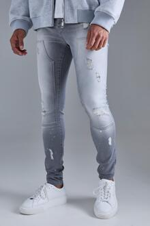 Skinny Stretch Stacked Ripped Carpenter Zip Hem Jeans In Grey, Grey - 32R
