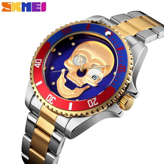 SKMEI Cacual Quartz Watch Men Watches 3Bar Waterproof 3D Relief Pattern Rhinestone Inlay Stainless Steel Strap reloj hombre 9195