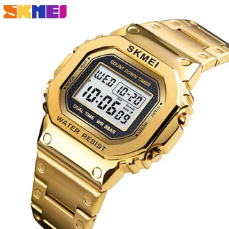 SKMEI Gold Sport Watches For Men 3Bar Waterproof Digital Watch Fashion Alloy Case Alarm Stainless Steel Wristwatches 1456