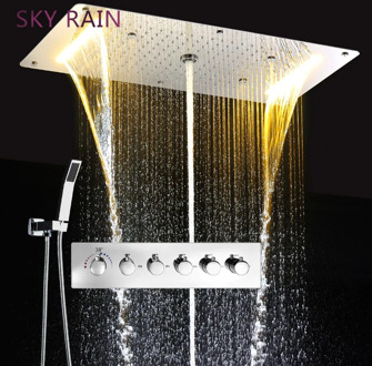 SKY RAIN Thermostatic Valve Square LED Shower Head Rainfall Waterfall Mist Spray Water Column Shower Set
