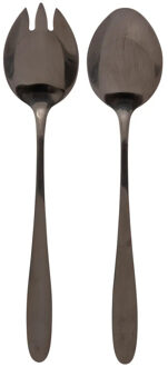 Sla bestek/couvert - 2 delig - zwart - metaal - 24 cm - saladebestek/slacouvert