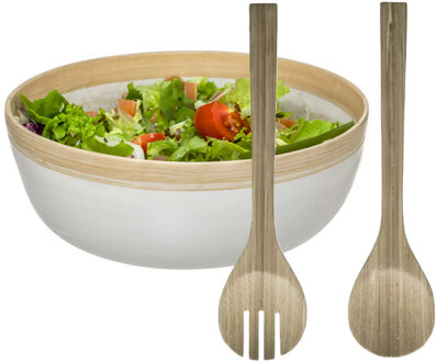 Slakom/schaal met slacouvert - Bamboe - D30 cm - Saladeschalen Wit