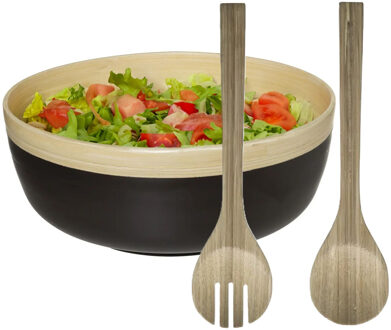 Slakom/schaal met slacouvert - Bamboe - D30 cm - Saladeschalen Zwart