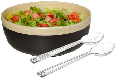 Slakom/schaal met slacouvert - Bamboe - D30 cm - Saladeschalen Zwart