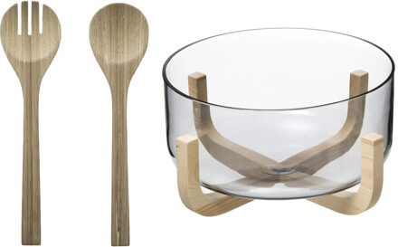 Slakom/schaal met slacouvert - Glas/hout - D24 cm - Saladeschalen Transparant