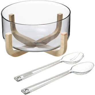 Slakom/schaal met slacouvert - Glas/hout - D24 cm - Saladeschalen Transparant