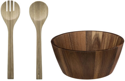 Slakom/Serveerschaal met bamboe slacouvert - Acacia hout - D28 cm