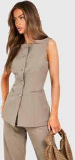 Slash Neck Mock Horn Longline Fitted Waistcoat, Mocha - 42