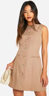 Slash Neck Mock Horn Mini Jurk, Mocha - 38