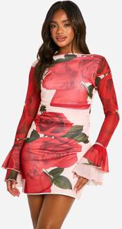 Slash Neck Roze Mesh Print Mini-Jurk Met Uitlopende Mouwen, Red - 44