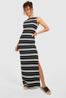 Slash Neck Stripe Rib Maxi Dress, Black - 14