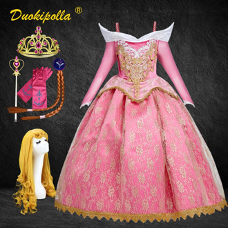 Sleeping Beauty Halloween Carnival Costume Child Lace Girls Princess Aurora Dress Pink Embroidery infant Party Dress Wig Hair