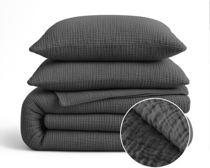 Sleeptime 1+1 Gratis Wasbaar Lazy Dekbed Zonder Overtrek - Zonder Overtrek - Katoen Mousseline - Antraciet - Dekbed-Discounter.nl - 240 x 200 cm