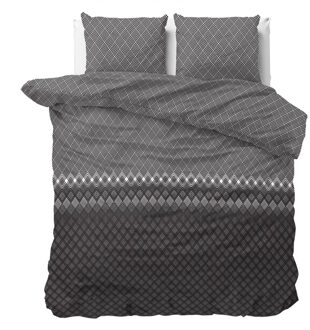 Sleeptime Dekbedovertrek Geruit Design - Met knoopsluiting, incl. kussenslopen - Antraciet - 1-persoons 140 x 220 cm + 1 sloop Grijs