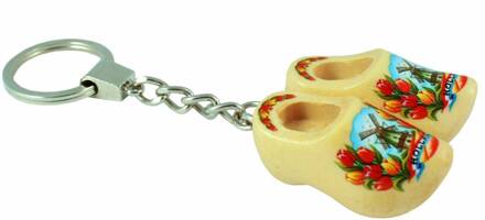 Sleutelhanger dubbel klompje gelakt tulp Geel - Beige - Creme, Wit - Transparant, Bruin - Kastanje