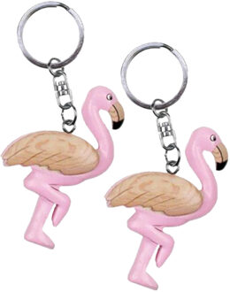 Sleutelhanger flamingo - 2x - roze - ca. 7 cm - hout - dierensleutelhanger - vogelfiguur