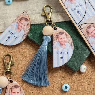 Sleutelhanger gegraveerd met zilverblauw kwastje - set van 6