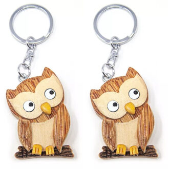 Sleutelhanger houten uil - 2x - 5 cm - Uilen dieren sleutelhangers - Speelgoed voor kinderen