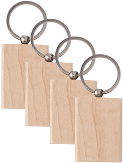 Sleutelhanger huis hotel en B&B kamer - 4x - hout - rechthoek - met metalen ring - 6 cm