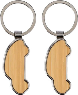 Sleutelhanger met auto - 2x - bamboe/metaal - 5 x 2 cm - eigen auto/nieuwe auto - eerste auto cadeau