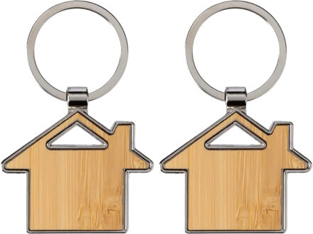 Sleutelhanger met huisje - 2x - bamboe/metaal - 5 x 4 cm - eigen huis/nieuw huis - cadeau housewarmi