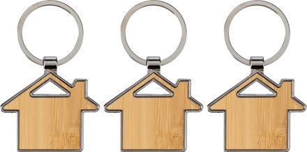 Sleutelhanger met huisje - 3x - bamboe/metaal - 5 x 4 cm - eigen huis/nieuw huis - cadeau housewarmi