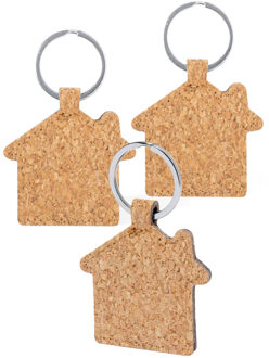 Sleutelhanger met huisje - 3x - kurk/metaal - 5 x 6 cm - eigen huis/nieuw huis