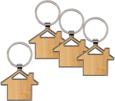 Sleutelhanger met huisje - 6x - bamboe/metaal - 5 x 4 cm - eigen huis/nieuw huis - cadeau housewarmi