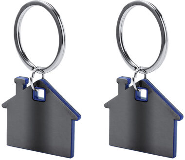 Sleutelhanger met klein huisje - 2x - blauw/grijs - metaal - 4 x 3.8 cm - eigen huis/nieuw huis