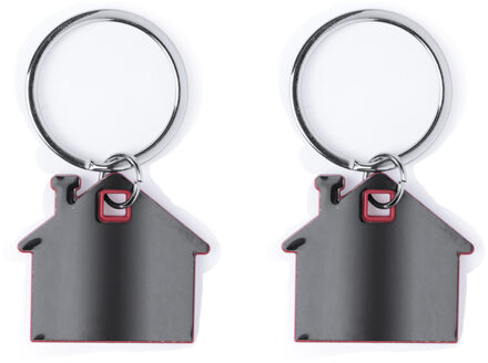 Sleutelhanger met klein huisje - 2x - rood/grijs - metaal - 4 x 3.8 cm - eigen huis/nieuw huis