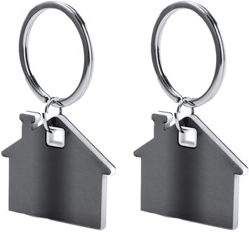 Sleutelhanger met klein huisje - 2x - wit/grijs - metaal - 4 x 3.8 cm - eigen huis/nieuw huis