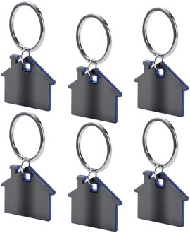 Sleutelhanger met klein huisje - 6x - blauw/grijs - metaal - 4 x 3.8 cm - eigen huis/nieuw huis