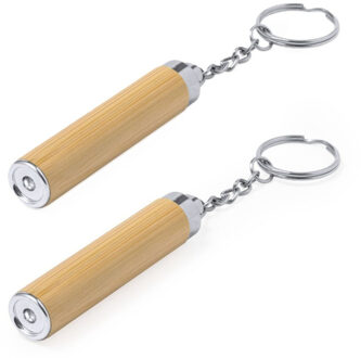 Sleutelhanger zaklamp - 2x - bamboe - 1 LED - inclusief batterij - mini zaklamp