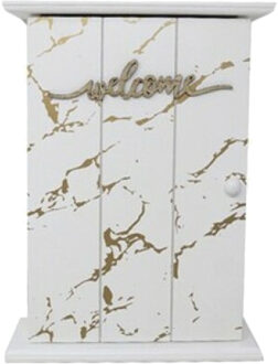 Sleutelkastje hout met 5 haakjes - 20 x 6 x 26cm - houten deurtje - wit