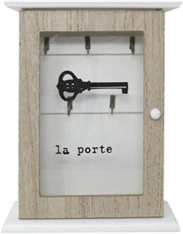 Sleutelkastje hout met 5 haakjes - 20 x 6 x 26cm - transparant deurtje - wit/houtkleur