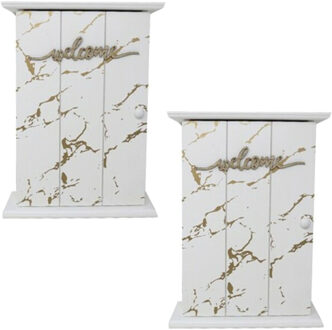 Sleutelkastje hout met 5 haakjes - 2x - 20 x 6 x 26cm - houten deurtje - wit