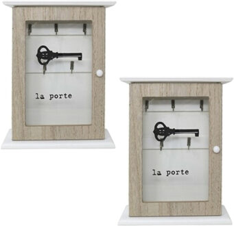 Sleutelkastje hout met 5 haakjes - 2x - 20 x 6 x 26cm - transparant deurtje - wit/houtkleur