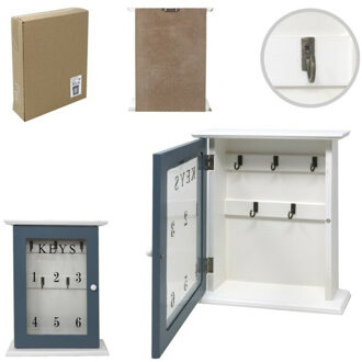 Sleutelkastje Keys design - hout - blauw/wit - 25,5 x 20 cm