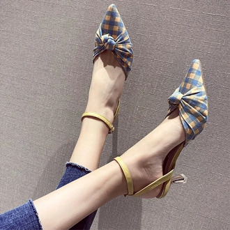 SLHJC 5.5 CM Med Heels Shoes Retro Plaid Pumps Women Spring Summer Autumn Fashion Thin Heels Pointed Toe Pumps Shoes Buckle