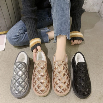 SLHJC Autumn Winter Cotton Shoes Flat Heel Round Toe Loafers Women Snow Shoes Anti Skid Flats