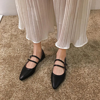 SLHJC Women Flats Leather Casual Pointed Toe Shoes Flat Heel Breathable Retro Mary Janes Spring Autumn Female Shoes